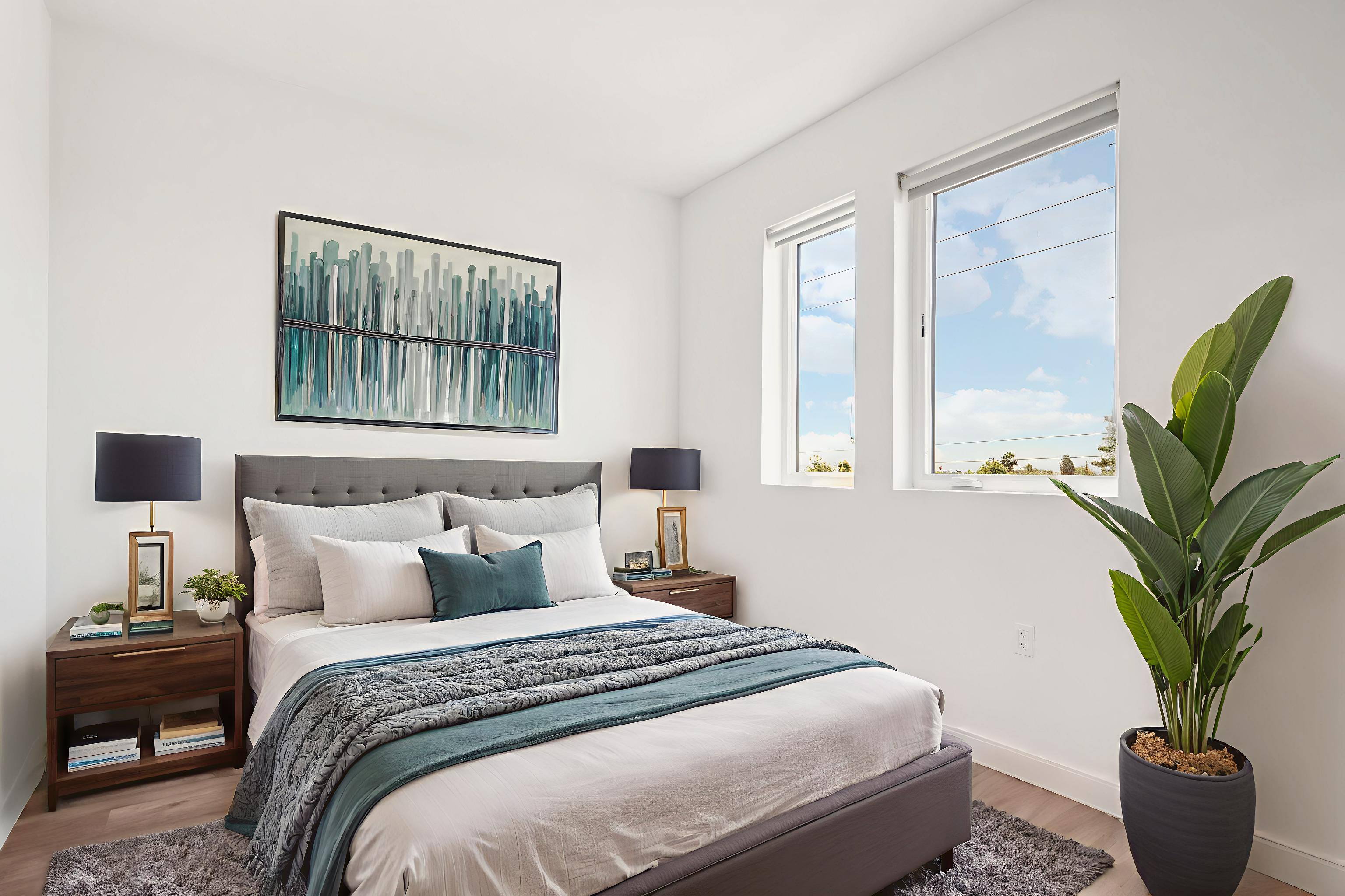 A bedroom with a large bed and a painting on the wall.